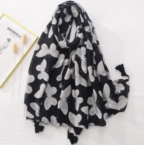 Custom Logo wholesale women long fashion white butterfly scarves polyester printed scarf with tassels