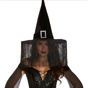 Sombreros de Brujas negros con flecos colgantes Halloween Cosplay gorras de brujas para Halloween disfraz de mujer y decoración de fiesta de maquillaje - Product Image 5