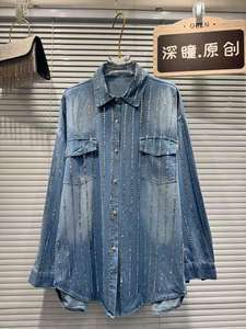 Camicie e camicette in Denim <span class=keywords><strong>Oversize</strong></span> con diamanti a righe di tendenza autunno 2025 abbigliamento <span class=keywords><strong>donna</strong></span> ampia giacca Casual in Denim - Product Image 4