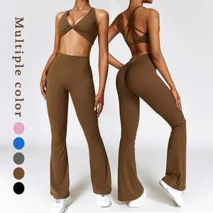 Vente en gros Vêtements de <span class=keywords><strong>sport</strong></span> avec échancrure aux fesses Vêtements de fitness pour femmes Soutien-gorge de <span class=keywords><strong>sport</strong></span> avec dos croisé et legging évasé Ensemble de yoga pour femmes - Product Image 5