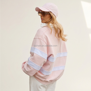 Felpa da Donna Rosa Chiaro con Colletto Polo a Righe, Mezza Abbottonatura, Oversize, Manica Lunga, Pullover Casual Personalizzabile in Taglie Grandi - Product Image 3