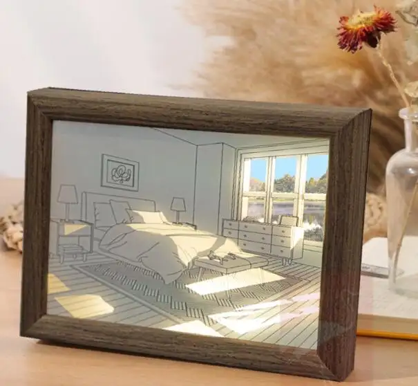 3 Color Light Effects Wooden Led Decorative Bedside Table Wall Art Frame Light Painting Shadow Box for Gift