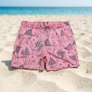 Shorts de Baño con Estampado de Velero Rosa, Cintura Elástica con Cordón, Secado Rápido, Shorts de Playa para Hombre, Shorts Casuales - Product Image 2