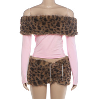 FloralCharm Nouveautés d'hiver Mode féminine Ensemble haut et jupe à imprimé léopard sexy à épaules dénudées à manches longues