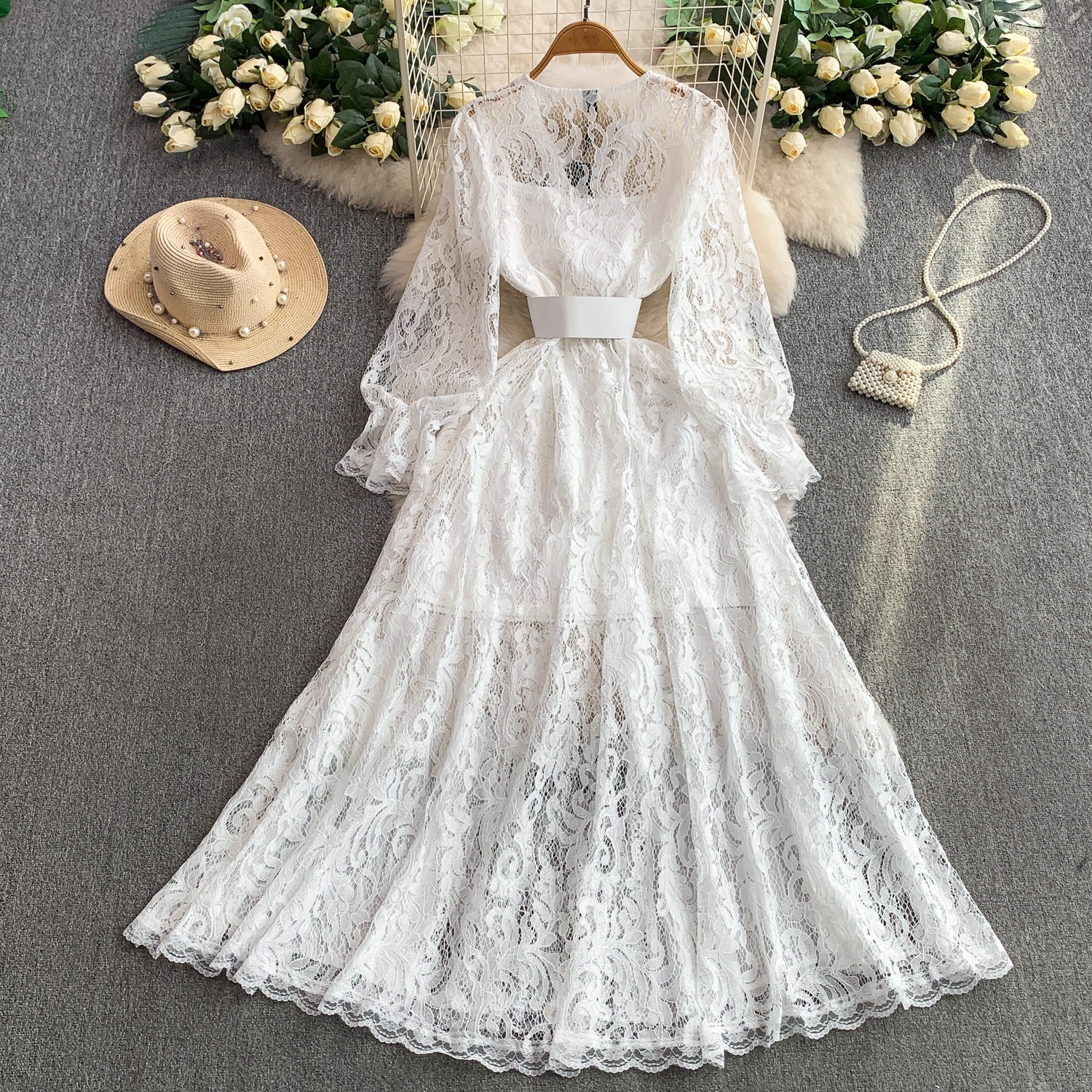 White Lace V-neck Empire Waist A-line Dress White Lace V-neck Empire Waist A-line Dress