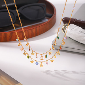 Collar con colgante de borlas en capas, pedrería multicolor, antideslustre, acero inoxidable chapado en oro de 18K, accesorios diarios para mujer - Product Image 4