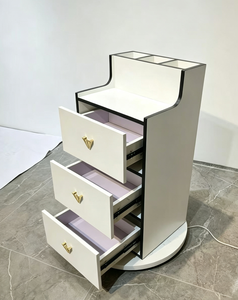 Meuble de rangement moderne à 3 tiroirs avec base rotative, blanc/noir, organisateur de coiffeuse avec étagères ouvertes pour salon de beauté et salle de maquillage - Product Image 6