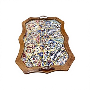 Contemporary Handmade <b>Wooden</b> <b>Serving</b> <b>Tray</b> With Hand painted Oriental Tile Pattern Bohemian Design Irregular Shape Decorative UO - Product Image 1