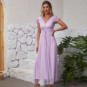 Vestido de malla de encaje de lunares en la cintura de manga corta con cuello en V y mangas voladoras pequeñas elegante fiesta de dama de honor vestido de noche de Graduación - Product Image 4