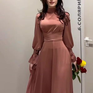 Robe pour femme élégante à manches longues en satin 2025 européen, américain et asiatique avec cintrage à la taille - Product Image 3