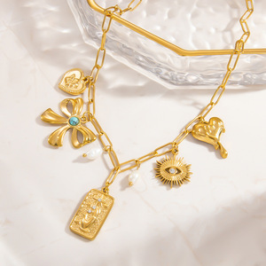 European Style Gold Plated Necklace With Heart Bowknot Eye Pendant Charms For Women Gift Jewelry Clavicle <b>Chain</b> Fashion - Product Image 3