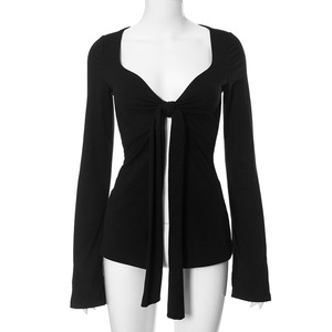 Summer New Arrivals Custom Logo Solid Color Women Sexy <strong>Long</strong> <strong>Sleeve</strong> Deep <strong>V</strong> <strong>Neck</strong> <strong>Top</strong> Casual <strong>Top</strong> for Women - Product Image 5