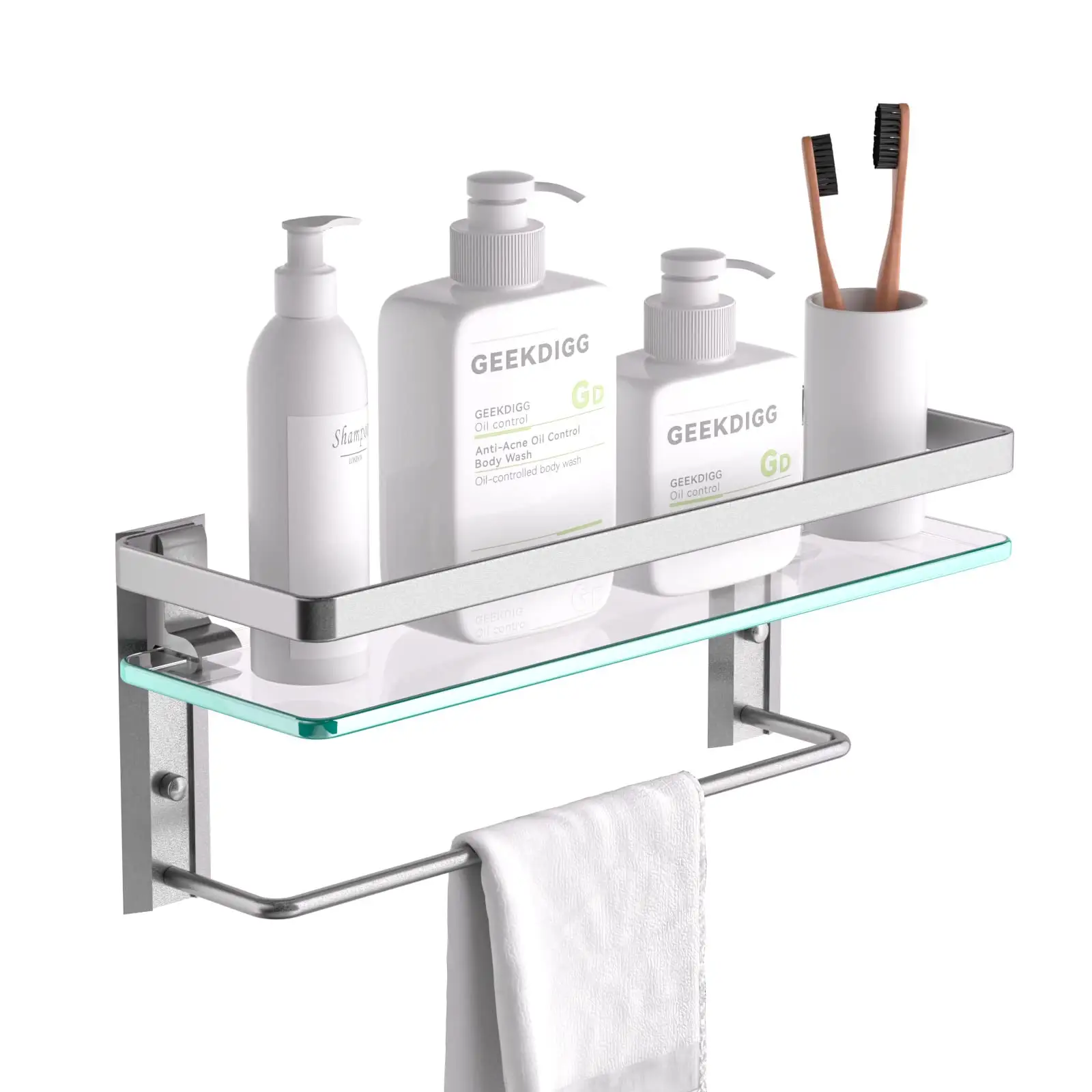 Hydrorelax Glass Floating Bathroom Shelf with Towel Bar Wall Mounted Glass Shower Shelf