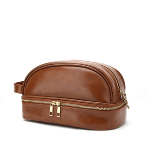 Organisateur de maquillage à double fermeture éclair à grande capacité à deux compartiments Sac de toilette personnalisé en cuir lisse pour homme - Product Image 1
