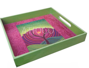 Bandeja Rectangular de Madera de Loto Hecha a Mano para Servir Té con Hojas Pintadas, Diseño Zen Asiático Multicolor - Product Image 4