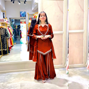 Ensemble Kurti Palazzo Salwar traditionnel indien pakistanais en soie orange, prêt-à-porter, style Bollywood, pour femmes adultes, le plus vendu - Product Image 1
