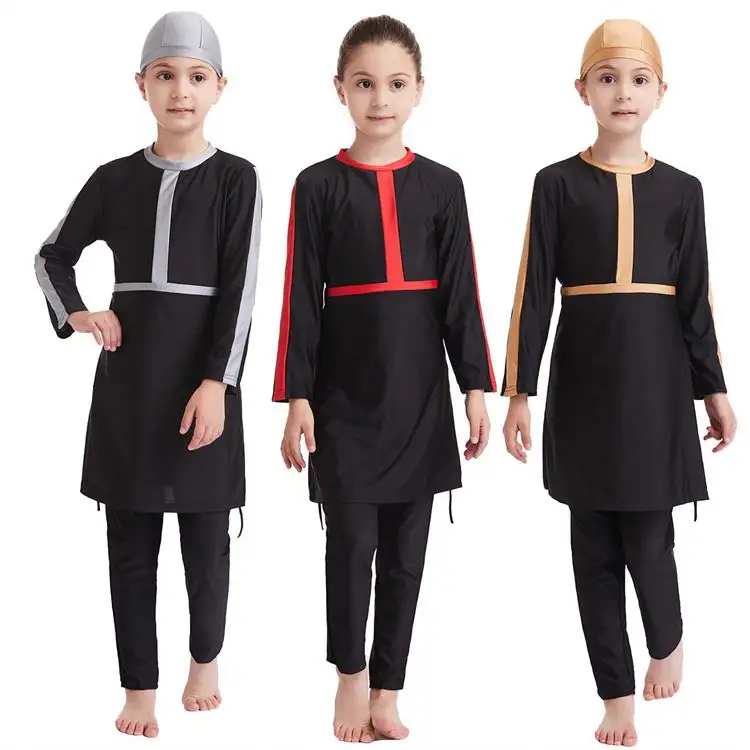 Fashion Kids Islamic Swimsuit Girls Long Sleeve High Elastic Modest Swimwear Dress Pant Hat Set Overall Swimming Suit Muslim