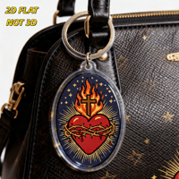 Porte-clés Cœur Sacré, design Flamme, Croix et Couronne d'épines, breloque ovale en acrylique pour clés ou sac, style art religieux tatoué