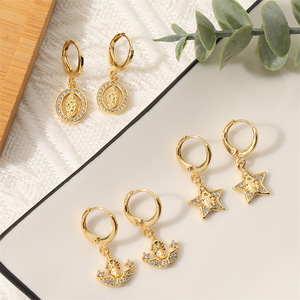 Dreamwork-pendientes de circonia cúbica para mujer, aretes de gota de la Virgen María de 18K, moneda milagrosa en forma de corazón redondo ovalado, estrella, luna - Product Image 4