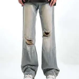 Jeans jeans masculinos com botões de danos, jeans originais de moda chinesa, jeans soltos para homens, com rasgos azuis, com botões