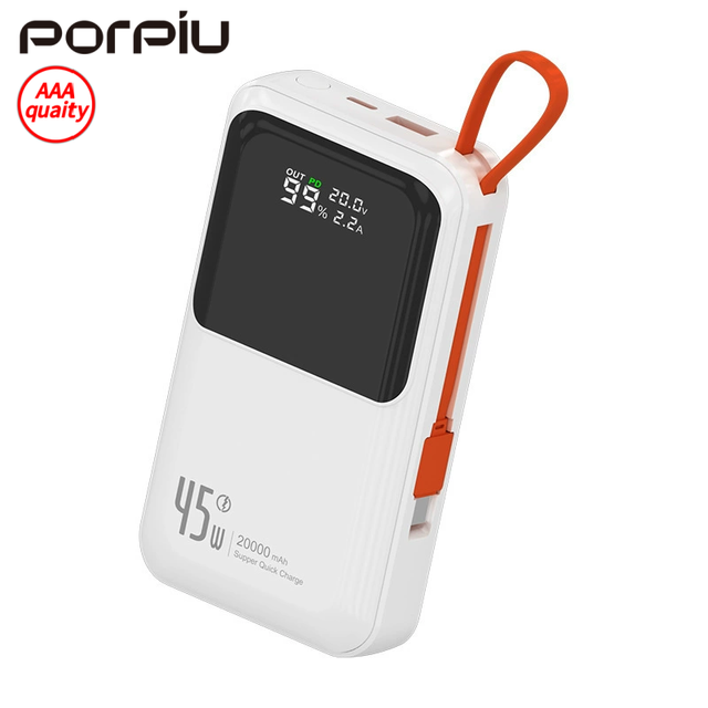 Portable 20000mah Laptop Power Bank with PD45W Output Super Fast Charging LED Display Built-in Cables and Lanyard