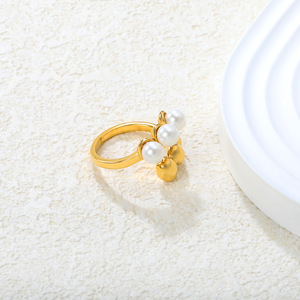 Fashion <b>Rings</b> Geometric Gold Plated Pearl Beaded <b>Adjustable</b> Unisex Party Jewelry - Product Image 2