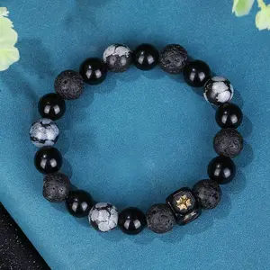 Natural Stone Bracelets Assorted 8mm 10mm Round Black Agate Obsidian Natural Gemstone Vocanic Rock Lava Stone Bracelet For Men
