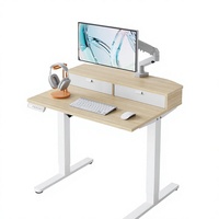Bureau debout électrique 32" x 21" avec 2 tiroirs, fixation par pince en C, 4 hauteurs prédéfinies, 2 crochets, en bois d'ingénierie, finition noyer clair