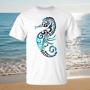 Camiseta con diseño de caballito de mar, color turquesa, con estampado de arte tribal, unisex, para adultos, cuello redondo, manga corta, impresión digital - Product Image 3