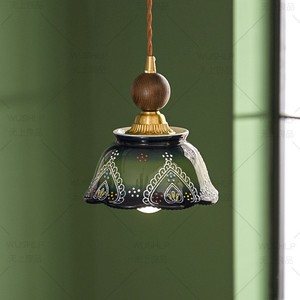 French <b>Style</b> Green Ceramic Pendant Light Led Single <b>Head</b> Home Entryway Vintage Handmade Round Chandelier - Product Image 2