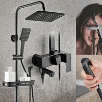 Robinet de douche mural en acier inoxydable chromé noir avec pommeau de douche pluie 4 fonctions, mitigeur eau chaude et froide en céramique