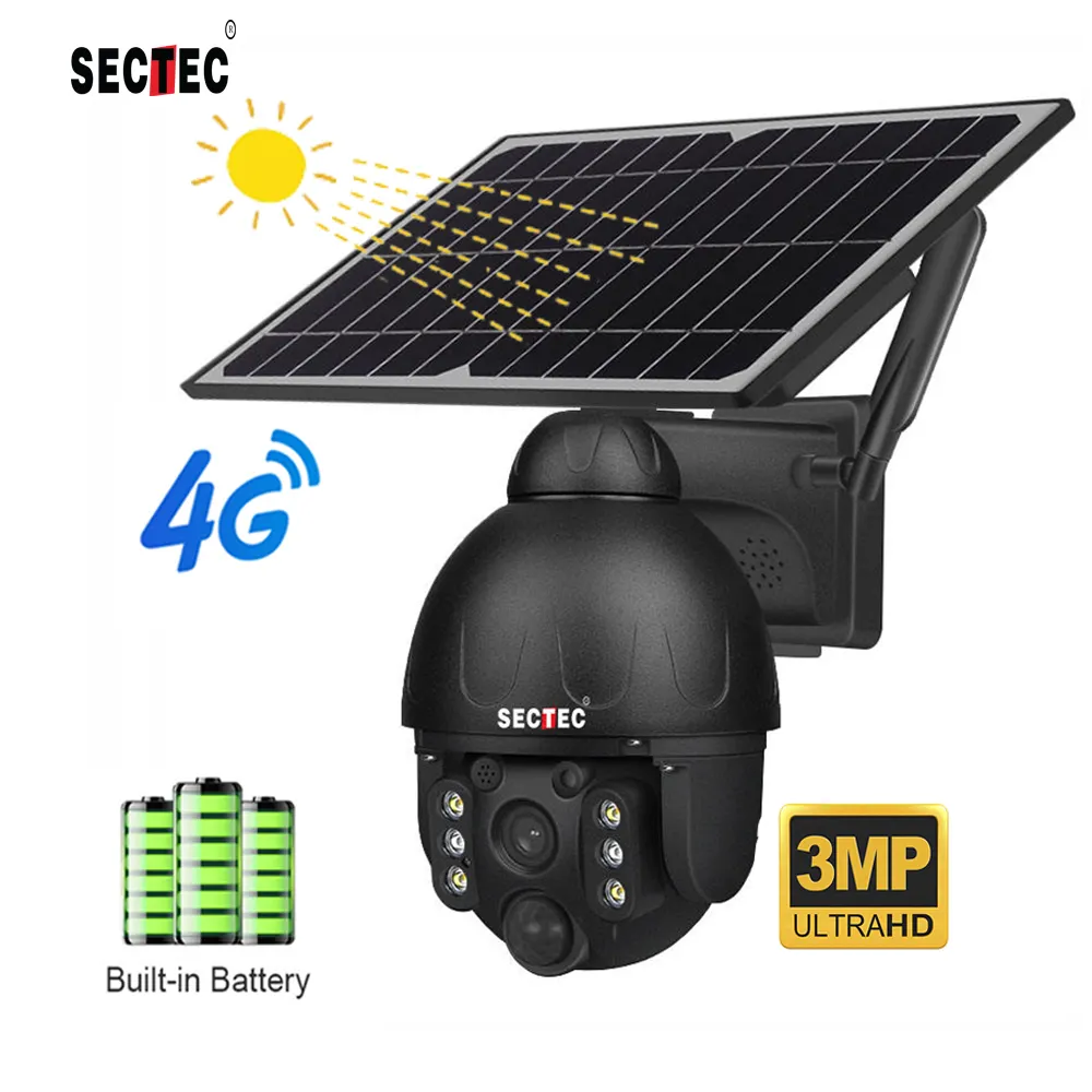 SECTEC GSM 4G Thẻ SIM 3MP IP Camera WIFI Panel Năng Lượng Mặt Trời Pin An Ninh Máy Ảnh Ngoài Trời Không Thấm Nước PTZ CCTV Camera