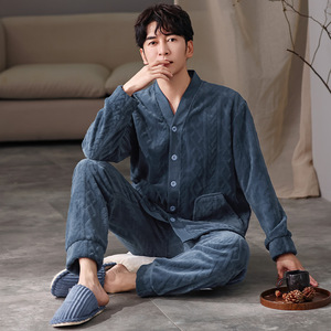 Set Pigiama Invernale da <span class=keywords><strong>Uomo</strong></span> in Flanella Morbida con Scollo a V, Maniche Lunghe e Pantaloni, Comodo e Caldo Abbigliamento da Casa - Product Image 3