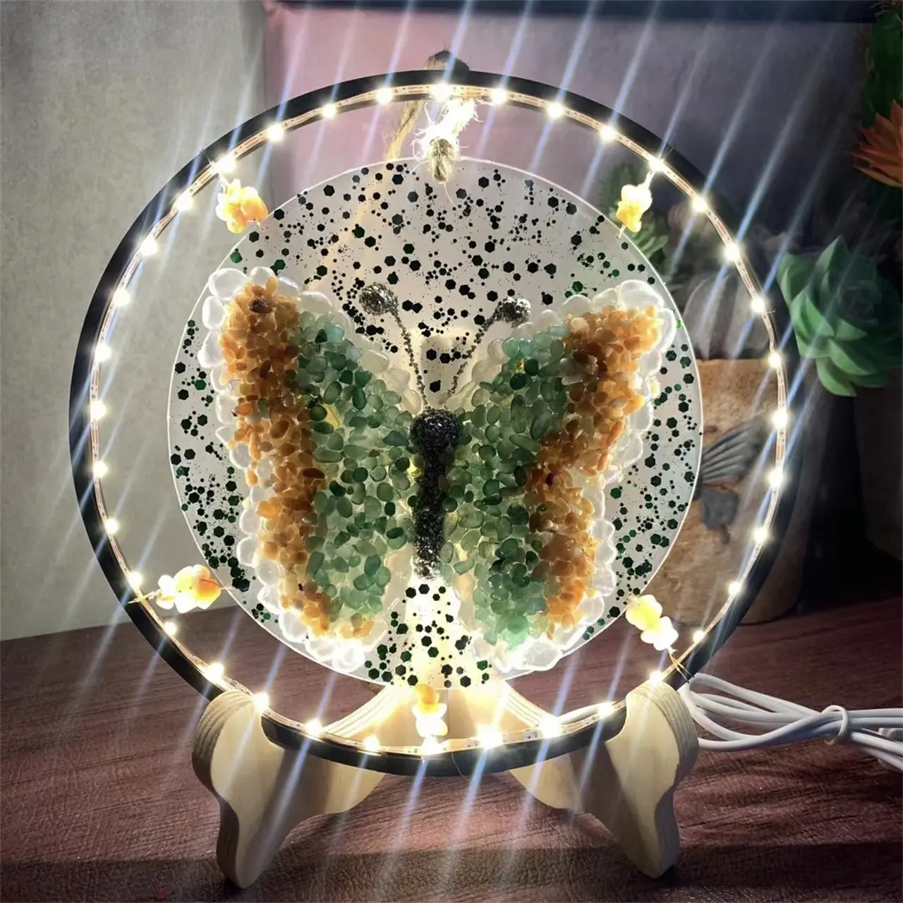 Lâmpada de cristal natural para borboletas, lâmpada redonda de resina para curar pedras, quartzo, tormenta de quartzo, turmalina, libélula
