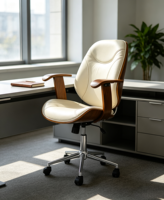 Chaise de bureau de luxe en crème avec accoudoirs en bois, réglable en hauteur, pivotante, avec roulettes