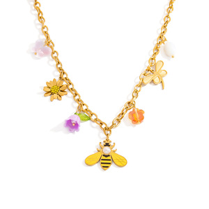 Collier pendentif abeille en acier inoxydable, chaîne de clavicule en pierre naturelle colorée, bijoux de mode - Product Image 5
