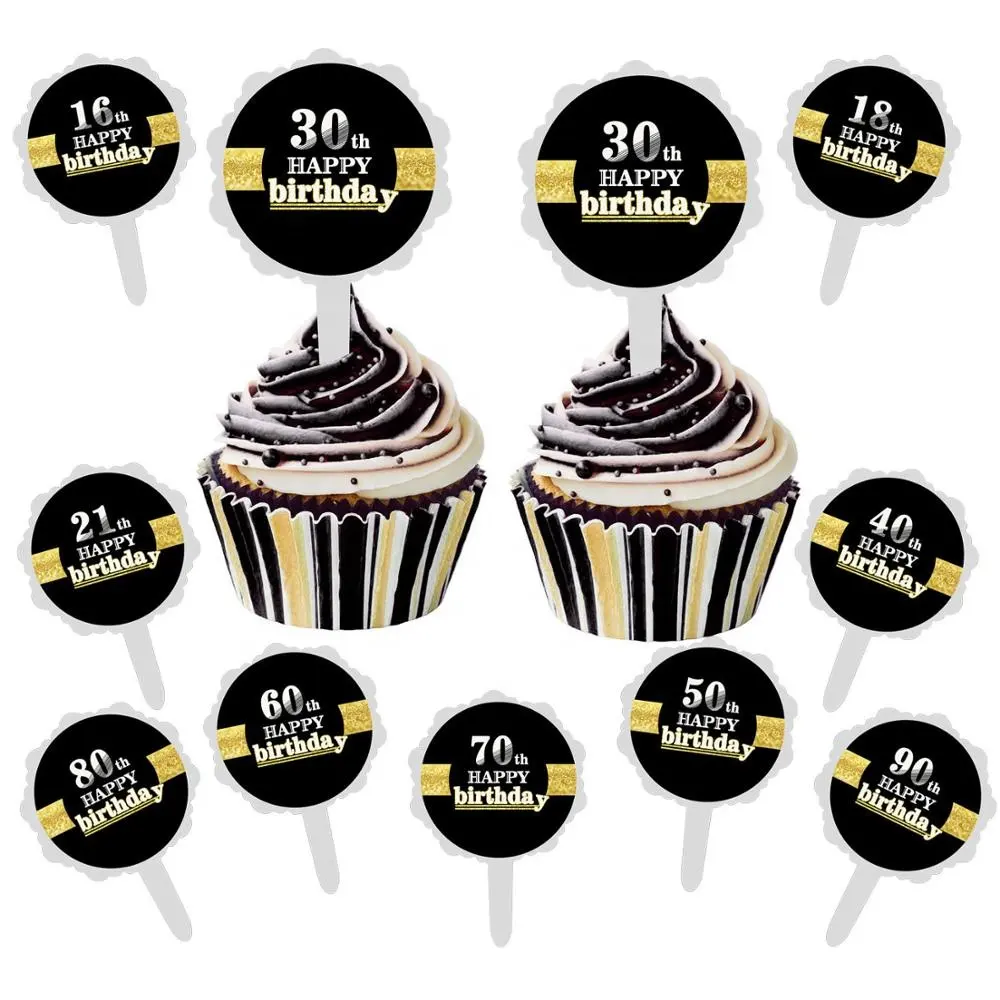 6Pcs DIY 16/18/21/30/40/50/60/70/80/90 Adult Birthday Party Decoration Happy Birthday Cake Ice-Cream Cupcake Topper Sticker