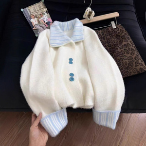 Women's Mink Fleece Cardigan Autumn Winter Knitted <b>Patchwork</b> Contrast Color Anti-Pilling Sweater <b>Top</b> - Product Image 1