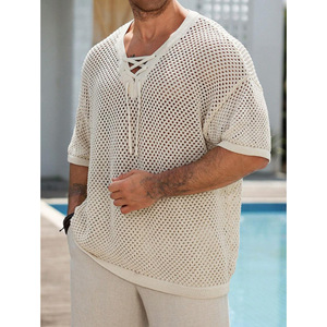 Camiseta de punto de malla para hombre - Camisa de playa de verano con cuello en V y ajuste holgado, camiseta de punto transparente para resort y ropa urbana - Product Image 3
