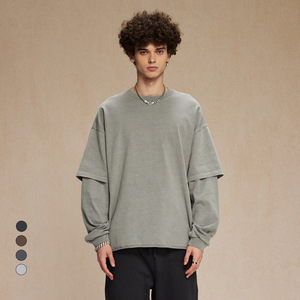 2024 otoño marca Retro dos bordes enrollados cuello redondo manga larga Camiseta hombres hacer viejo teñido lavado agua sudaderas - Product Image 5