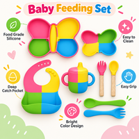 Ensemble d'alimentation pour bébé en silicone motif papillon : assiette à ventouse, bavoir, tasse d'apprentissage, cuillère, fourchette, vaisselle pour enfants