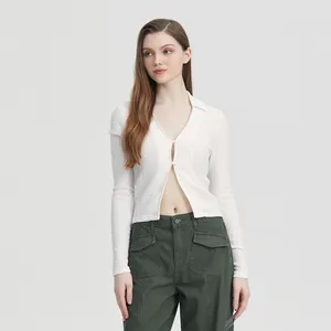 Tasarımcı kadın bluz ve gömlek Y2K moda bayanlar beyaz Turn Down yaka düğmesi ön hırka dokulu gömme kadınlar için Tops