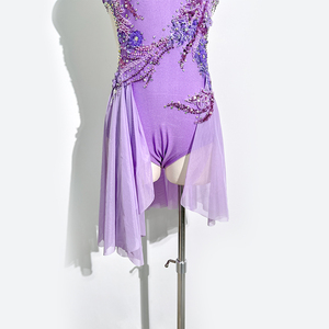 Traje de Danza Contemporánea de Jazz con Pedrería y Diseño Halter en Lavanda, Falda Asimétrica de Malla, para Competencia y Actuaciones en Escenario, para Mujer - Product Image 4
