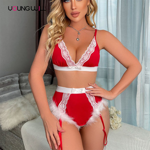 Cadeau <span class=keywords><strong>de</strong></span> Noël : Ensemble Lingerie <span class=keywords><strong>Femme</strong></span> Sexy <span class=keywords><strong>en</strong></span> Dentelle Rouge, Fausse Fourrure, Velours, Marabout, Taille Haute, Style Bralette et Culotte, Costume Adulte, Lingerie <span class=keywords><strong>de</strong></span> Soubrette OEM ODM - Product Image 2