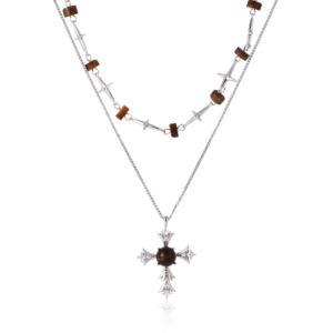 Двойная цепочка из родия белого K золота медное ожерелье крест кулон белый кубический цирконий бриллиант коричневый тигровый глаз ожерелье - Product Image 4