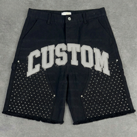 Shorts en jean personnalisés avec strass, style streetwear vintage, délavés à l'acide, bords bruts, broderies et patchs pour hommes