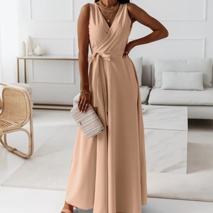 เดรสแฟชั่นผู้หญิงสีพื้น คอวี แขนกุด ผูกเอว ดีไซน์เก๋ - Product Image 6