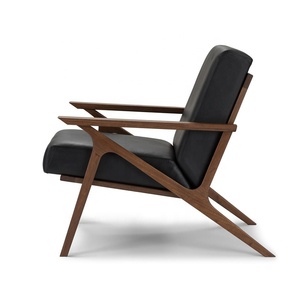 Lounge <strong>Arm</strong> <strong>Chair</strong> With Ottoman in Wood Frame <strong>Black</strong> Leather Accent <strong>Chair</strong> - Product Image 3