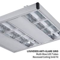 Plafonnier encastré LED à grille, cadre argenté, embouts d'angle noirs, à lamelles anti-éblouissement, tubes multi-rangs