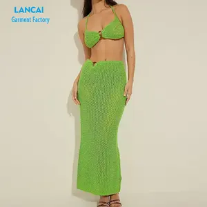 Garment Manufacturers Custom Design Womens Beach Halter Crop Top Long Skirt Summer Clothing Sexy 2 Pieces Set Dress